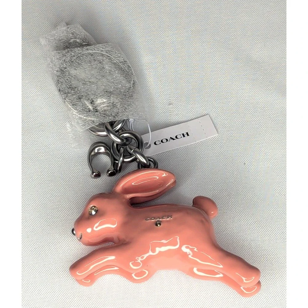NWT Coach Bunny Rabbit Bag Charm Keychain Fob Silver / Coral Pink CBH21 - Picture 4 of 6